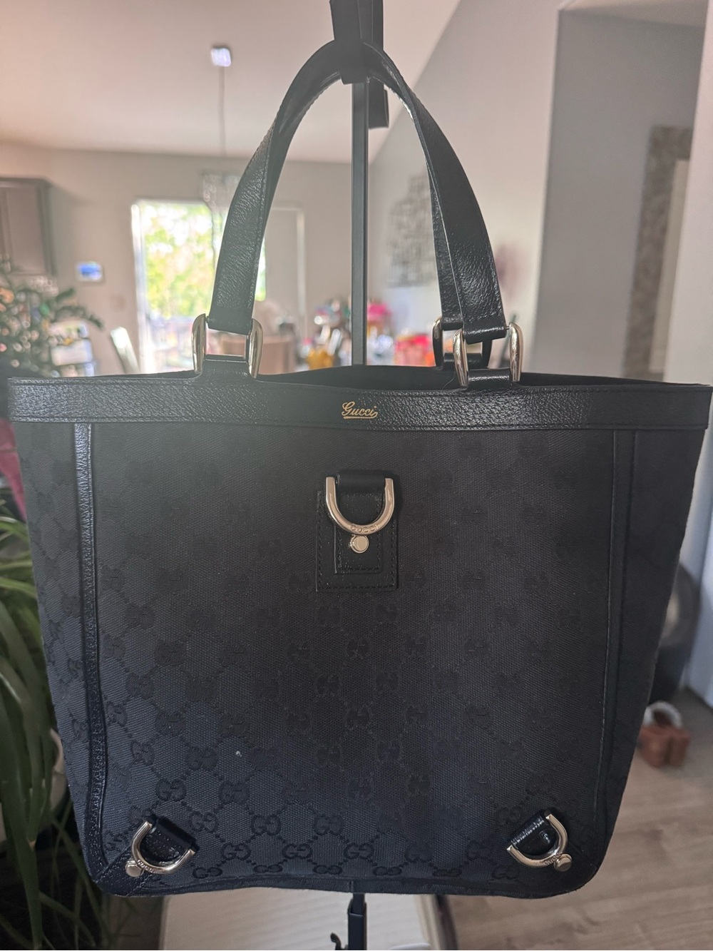 Gucci Black Monogram Canvas Hobo Tote with Gold Hardware